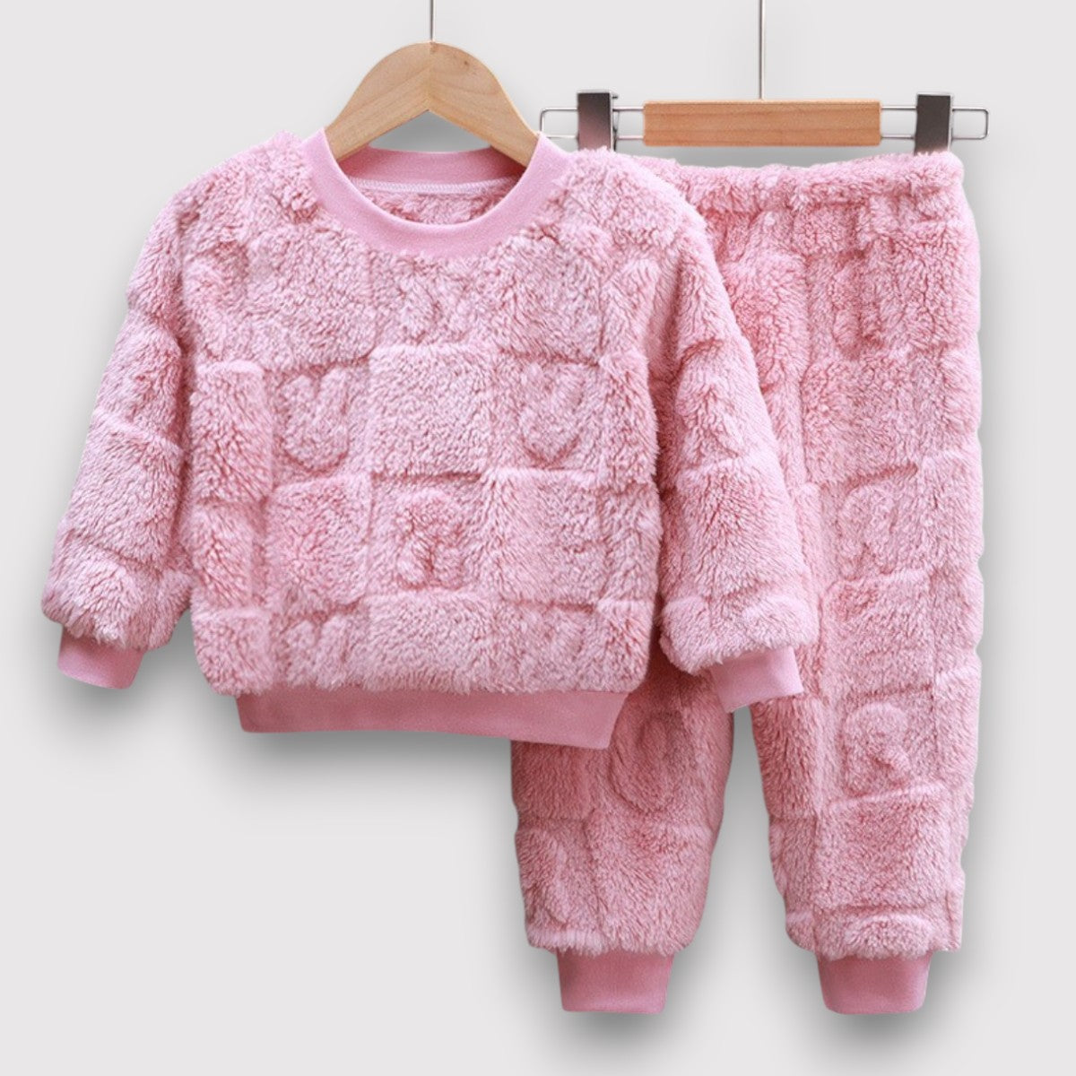 Girls Textured Fleece Bunny Pajama Set-Pink